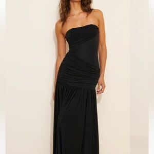 Misha black drop waist strapless gown